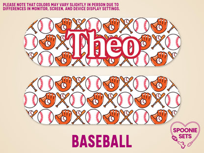 Personalized baseball-themed feeding tube pump sticker with "Theo" in red, featuring bats, balls, and gloves.
