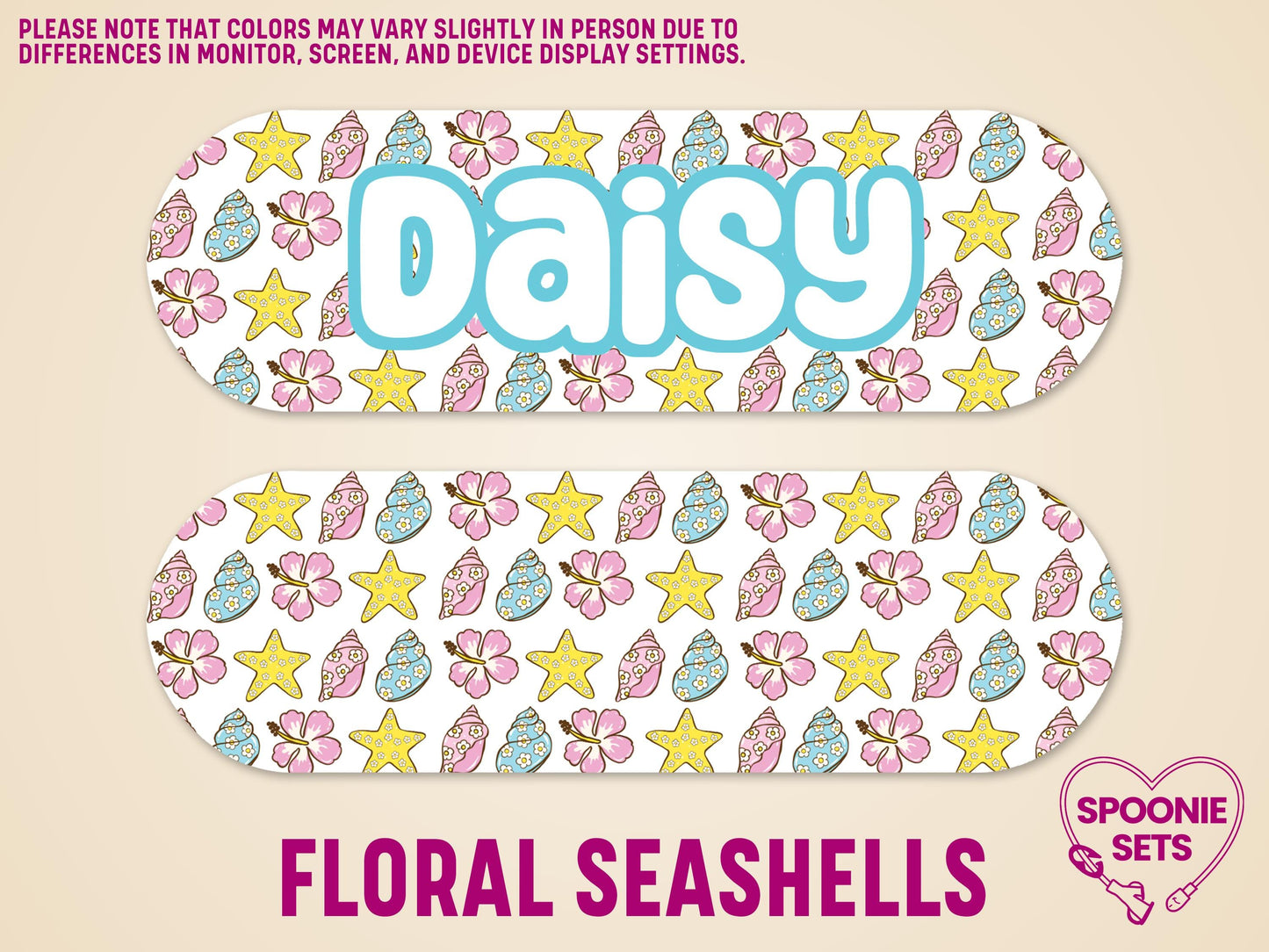 Personalized feeding tube pump sticker with "Daisy" in blue, featuring a white background with pink hibiscus, yellow starfish, and blue seashells.