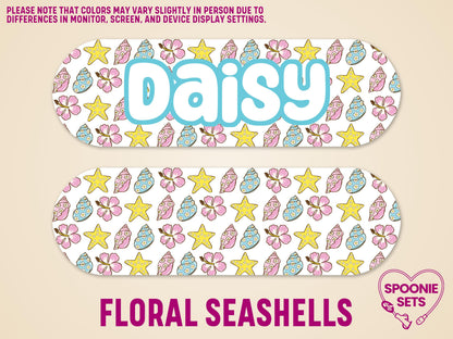 Personalized feeding tube pump sticker with "Daisy" in blue, featuring a white background with pink hibiscus, yellow starfish, and blue seashells.