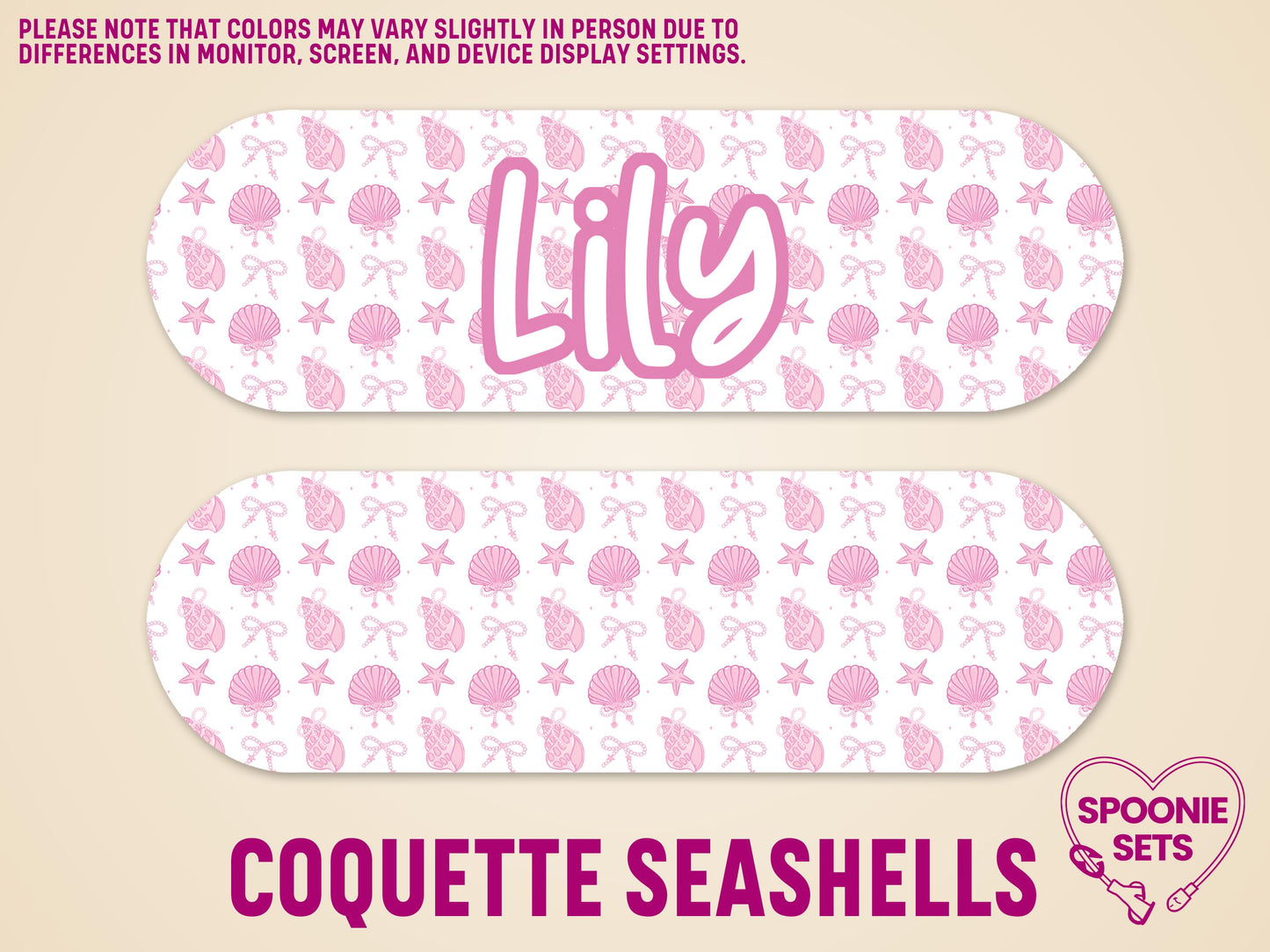 Pink seashell and starfish pattern feeding tube pump sticker with "Lily" in script.