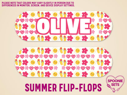 Personalized feeding tube pump sticker with "OLIVE" in white, featuring a summer design of pink hearts, yellow suns, and flip-flops.