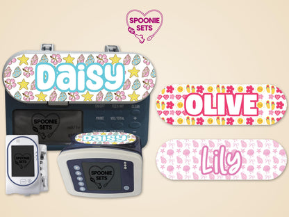 Three matte feeding tube pump stickers with summer designs: floral, seashells, and flip-flops, personalized with names.
