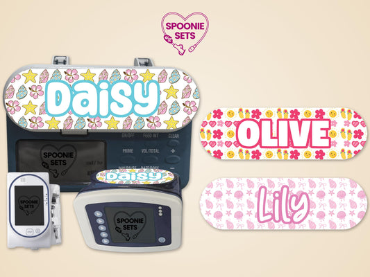 Three matte feeding tube pump stickers with summer designs: floral, seashells, and flip-flops, personalized with names.