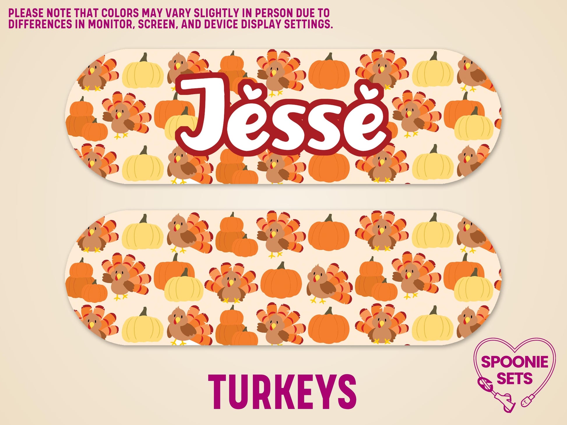 Thanksgiving feeding tube pump sticker with cartoon turkeys, orange and yellow pumpkins, and "Jesse" in white script.