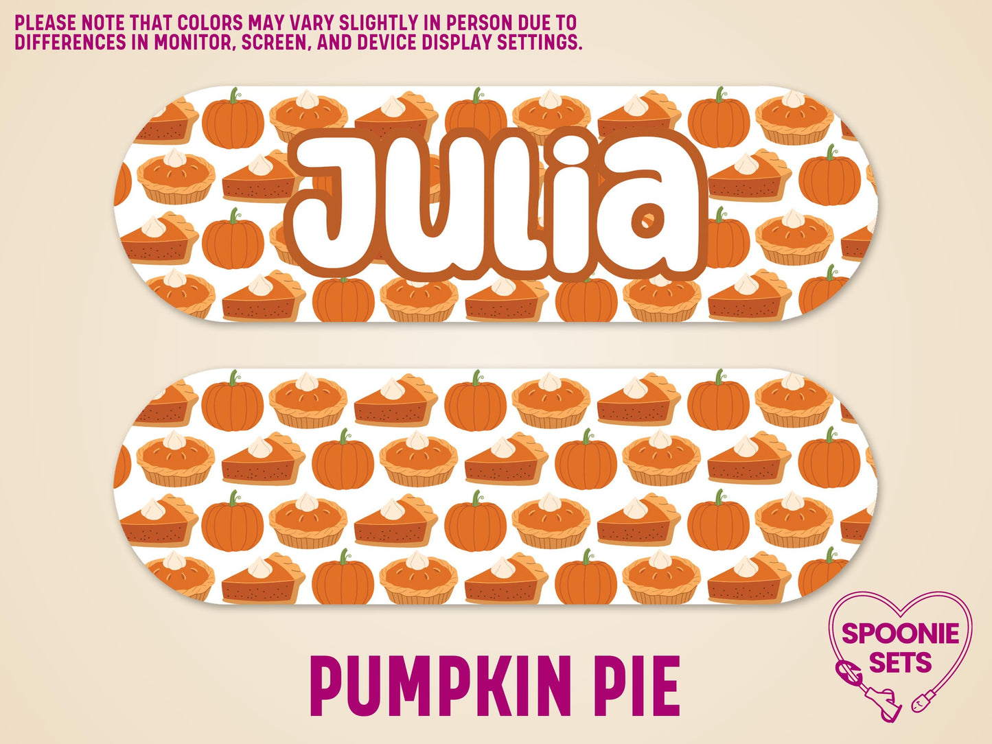 Matte Infinity pump sticker with a pumpkin pie pattern and "Julia" in white text.