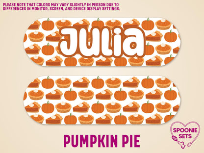Matte Infinity pump sticker with a pumpkin pie pattern and "Julia" in white text.