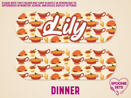 Personalized Thanksgiving feeding tube pump stickers with turkeys, pumpkin pie, and gravy.