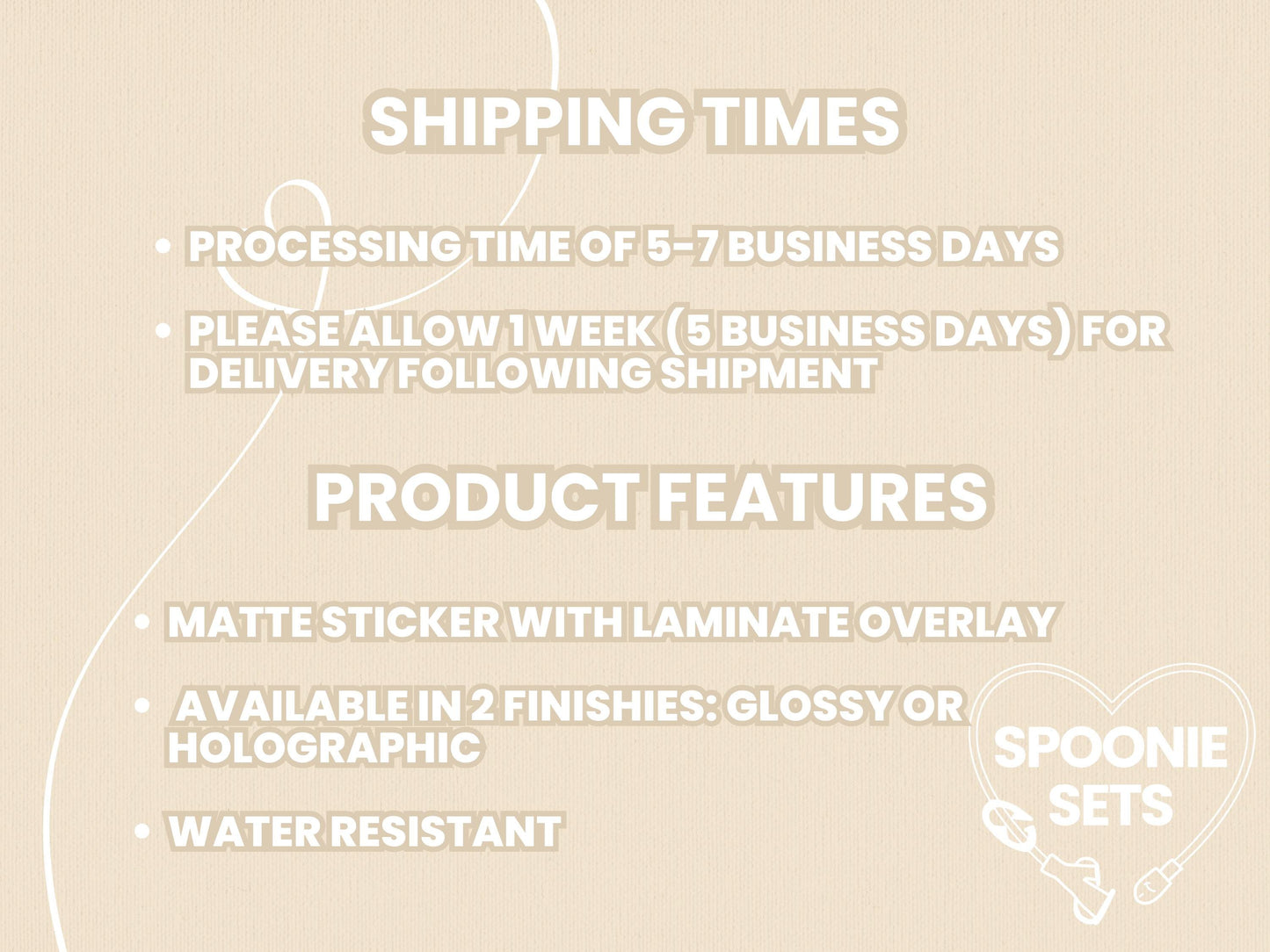 Text overlay on a light beige background detailing shipping times and product features.