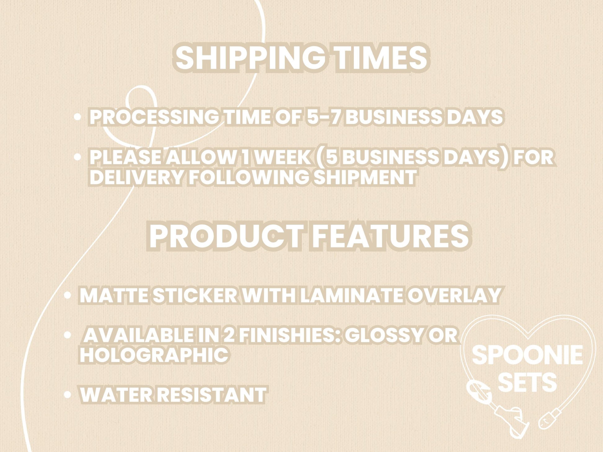 Text overlay on a light beige background detailing shipping times and product features.