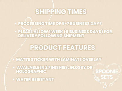 Text overlay on a light beige background detailing shipping times and product features.