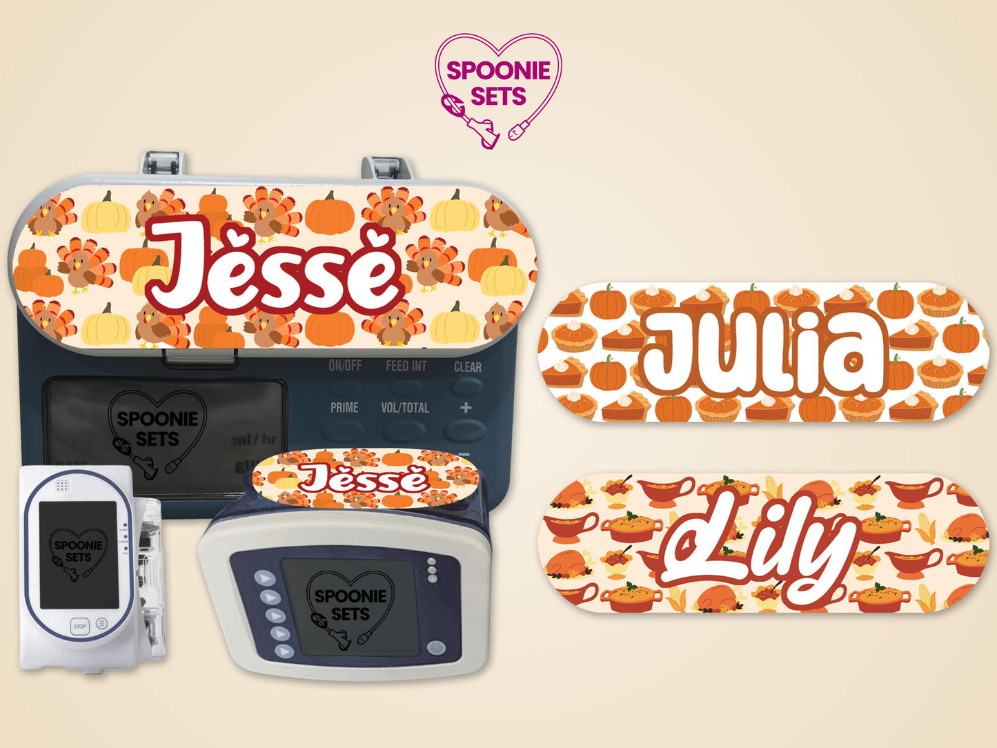 Thanksgiving feeding tube pump stickers with turkeys, pumpkins, and pumpkin pie designs, personalized with names.