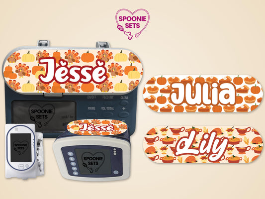 Thanksgiving feeding tube pump stickers with turkeys, pumpkins, and pumpkin pie designs, personalized with names.
