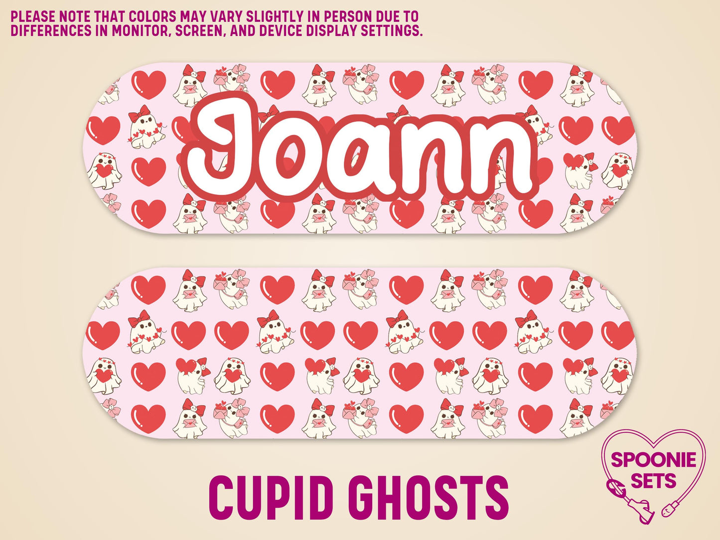 Pink feeding tube pump sticker with "Joann" in white, surrounded by red hearts and cupid ghosts.
