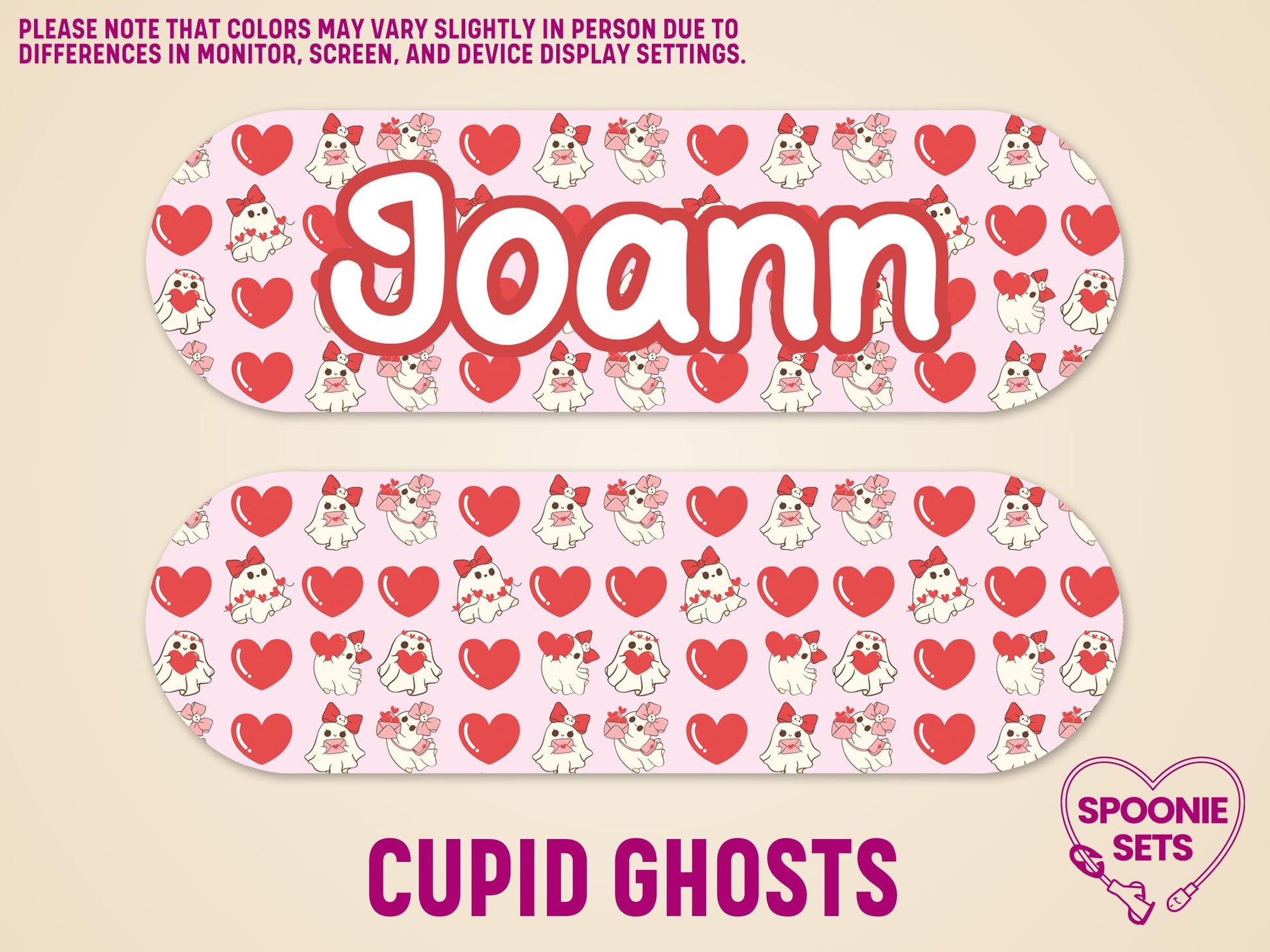 Pink feeding tube pump sticker with "Joann" in white, surrounded by red hearts and cupid ghosts.
