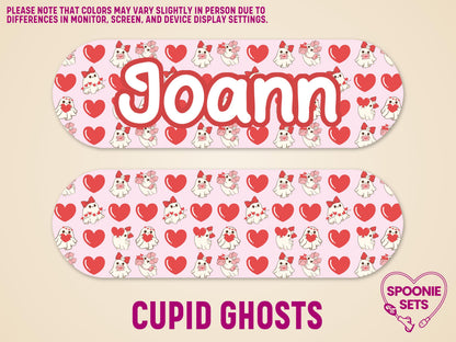 Pink feeding tube pump sticker with "Joann" in white, surrounded by red hearts and cupid ghosts.