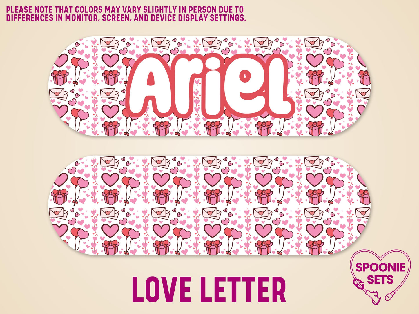 Pink and white feeding tube pump sticker with "Ariel" in bold, surrounded by hearts, love letters, and gift boxes.