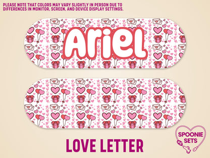 Pink and white feeding tube pump sticker with "Ariel" in bold, surrounded by hearts, love letters, and gift boxes.