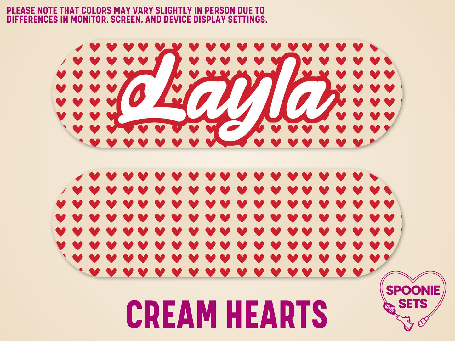 Cream feeding tube pump stickers with red heart pattern; one personalized with "Layla" in red script.