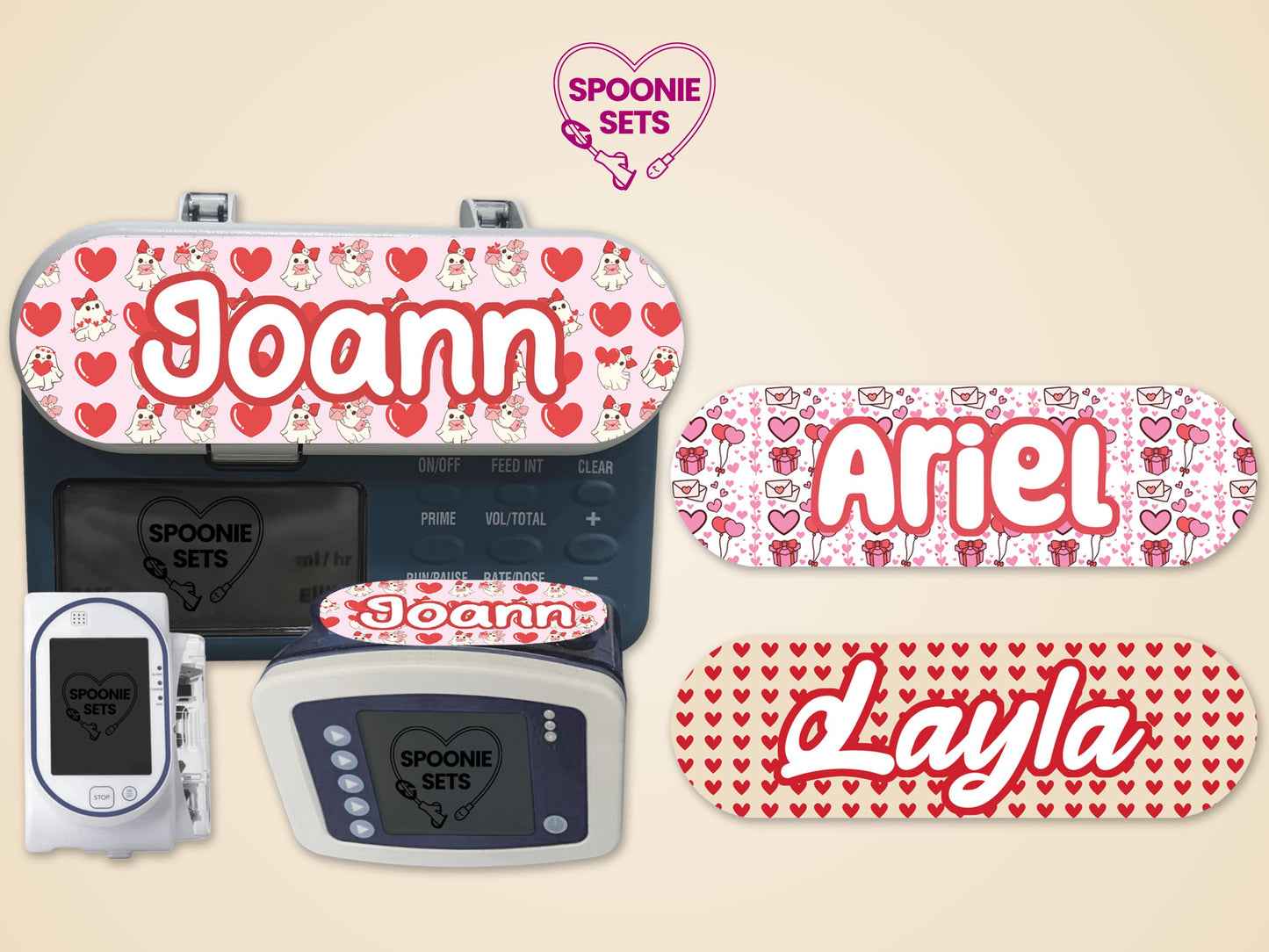 Personalized Valentine's Day feeding tube pump stickers with Cupid ghosts, hearts, and love letters.