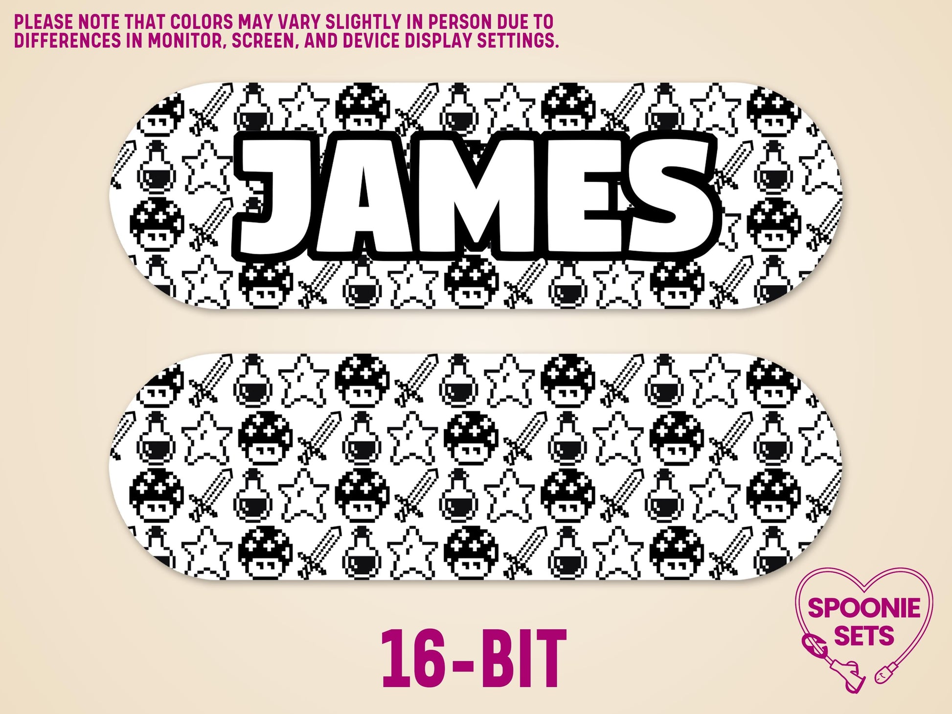 White matte feeding tube pump stickers with 16-bit video game icons and "JAMES" in bold black font.