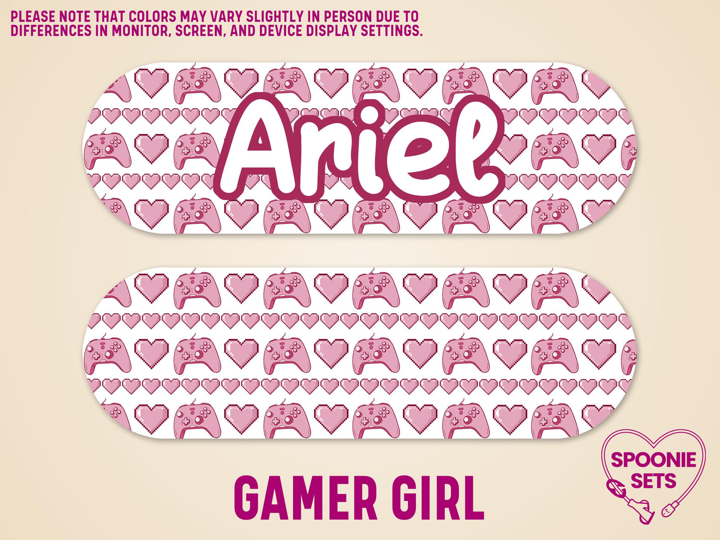 White feeding tube pump sticker with pink pixel hearts and video game controllers, personalized with "Ariel" in a bold pink font.