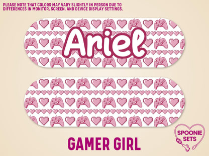 White feeding tube pump sticker with pink pixel hearts and video game controllers, personalized with "Ariel" in a bold pink font.