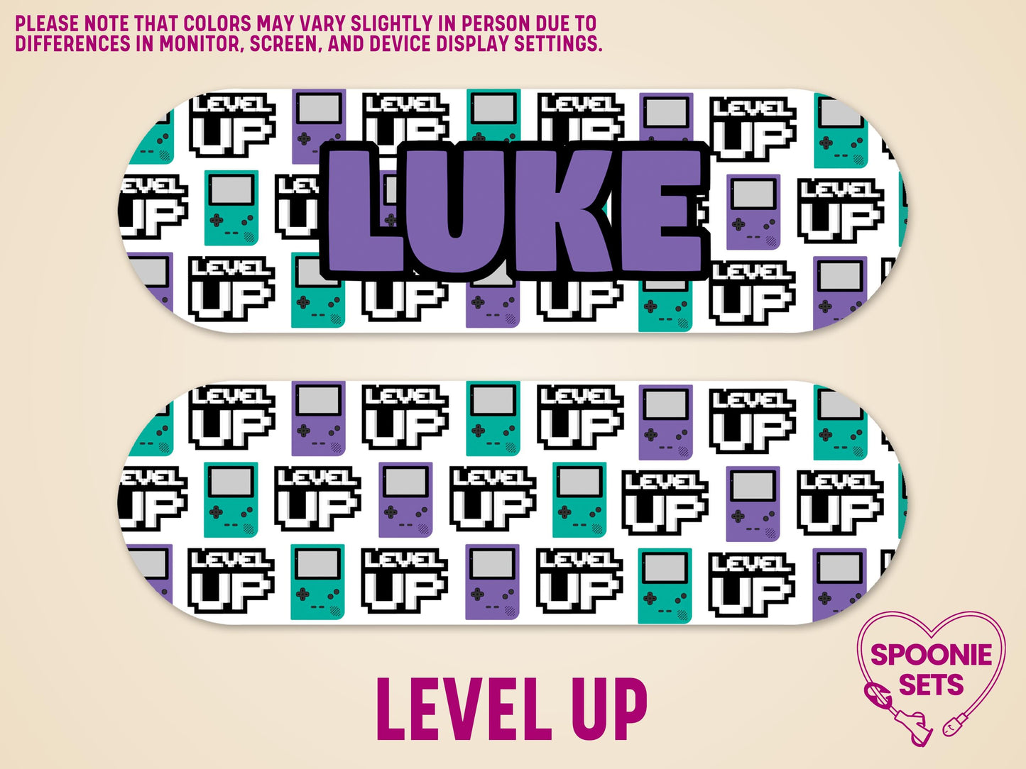 Matte feeding tube pump sticker with "LUKE" in purple, surrounded by 16-bit video game controllers and "LEVEL UP" text.