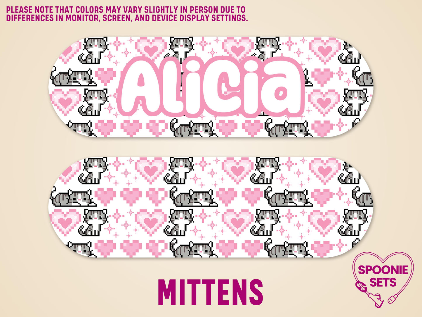Two white matte feeding tube pump stickers with pixel art gray cats and pink hearts. One sticker features the name "Alicia.
