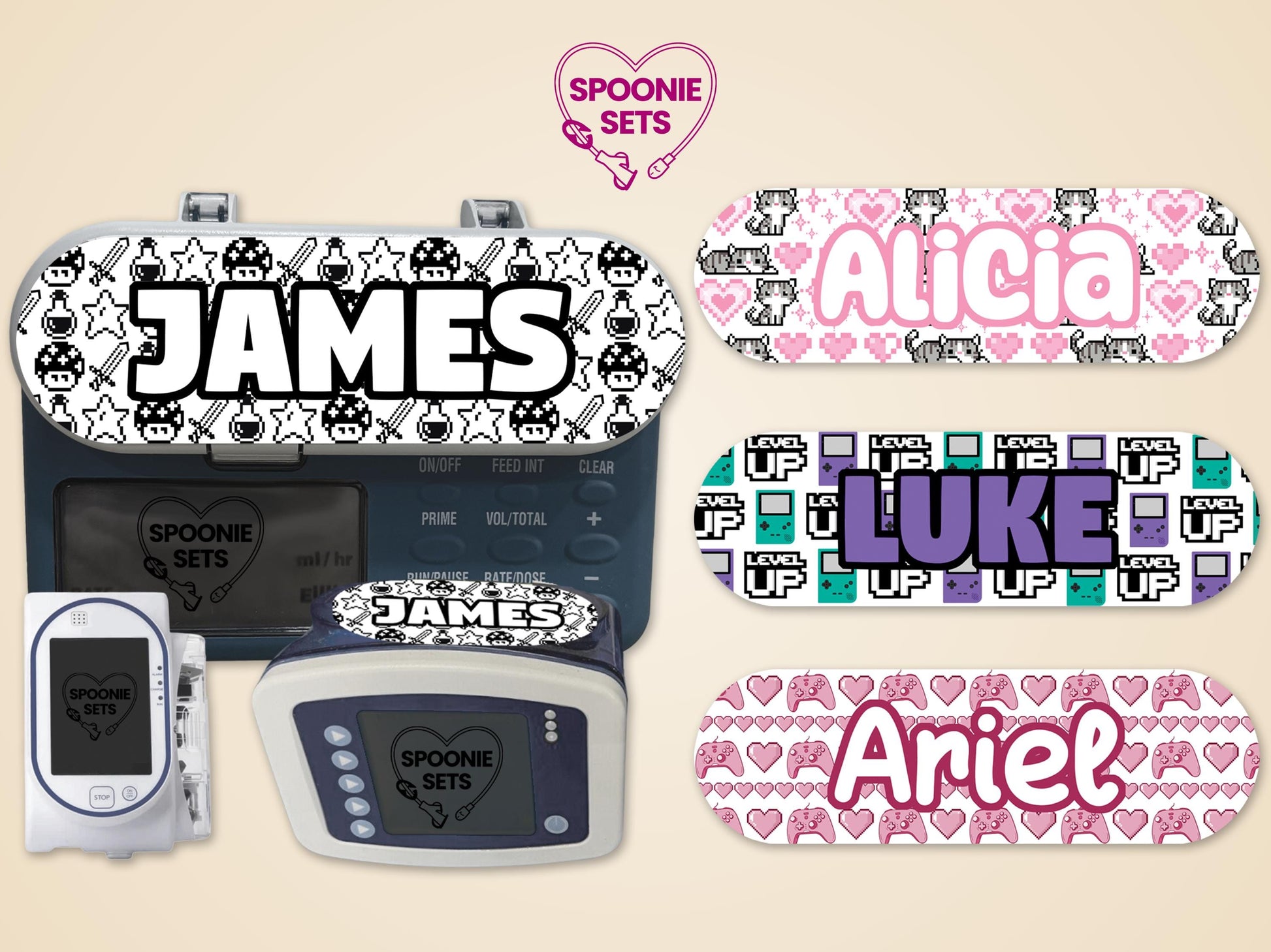Video game-themed feeding tube pump stickers: "JAMES" with 16-bit mushrooms, "Alicia" with pixel cats, "Luke" with "LEVEL UP" blocks, and "Ariel" with pink hearts and controllers.