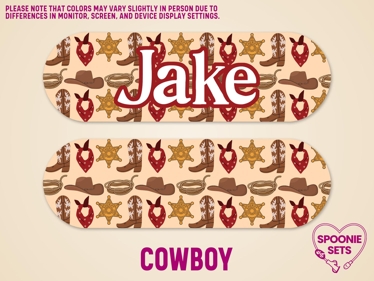 Western-themed feeding tube pump sticker with boots, bandanas, sheriff badges, and a personalized "Jake" in white.