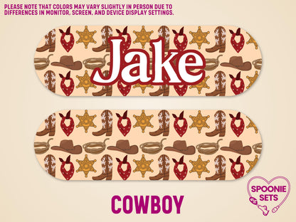 Western-themed feeding tube pump sticker with boots, bandanas, sheriff badges, and a personalized "Jake" in white.