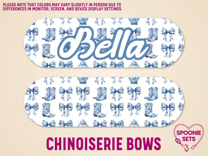 Western-style feeding tube pump sticker with blue chinoiserie bows, cowboy boots, and "Bella" in script.