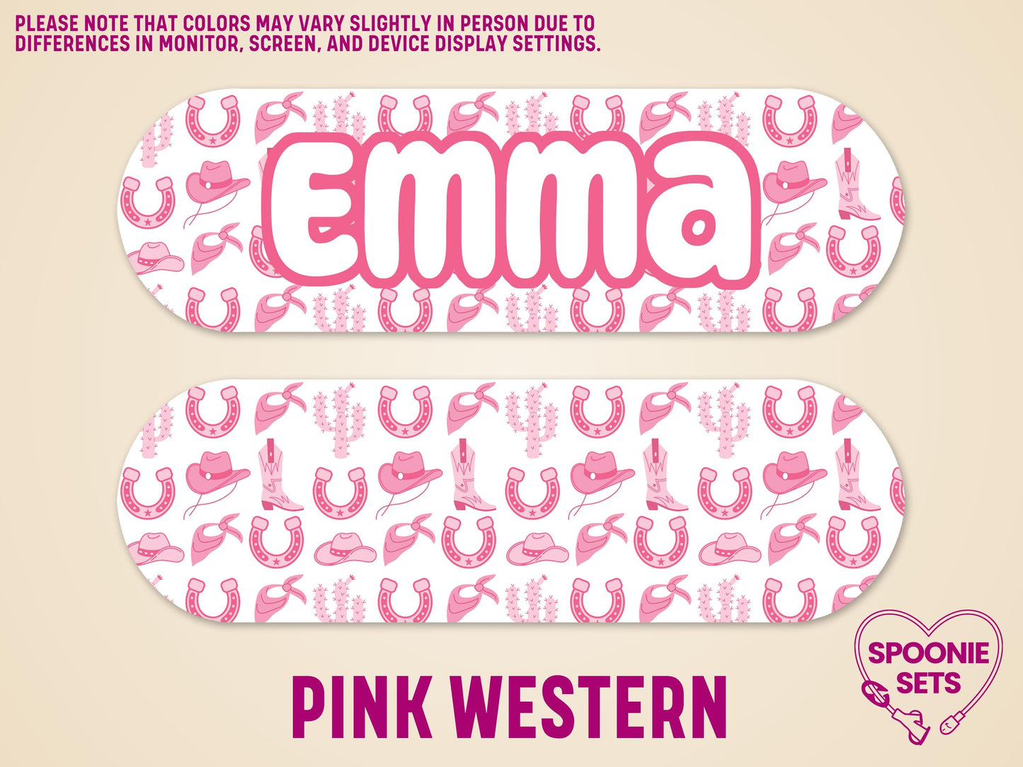 Pink Western Collection feeding tube pump sticker with "emma" in bold, surrounded by horseshoes, cowboy hats, and boots.