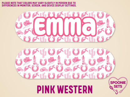 Pink Western Collection feeding tube pump sticker with "emma" in bold, surrounded by horseshoes, cowboy hats, and boots.