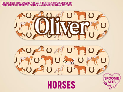 Western-style feeding tube pump sticker with brown horses, horseshoes, and "Oliver" in a bold font.