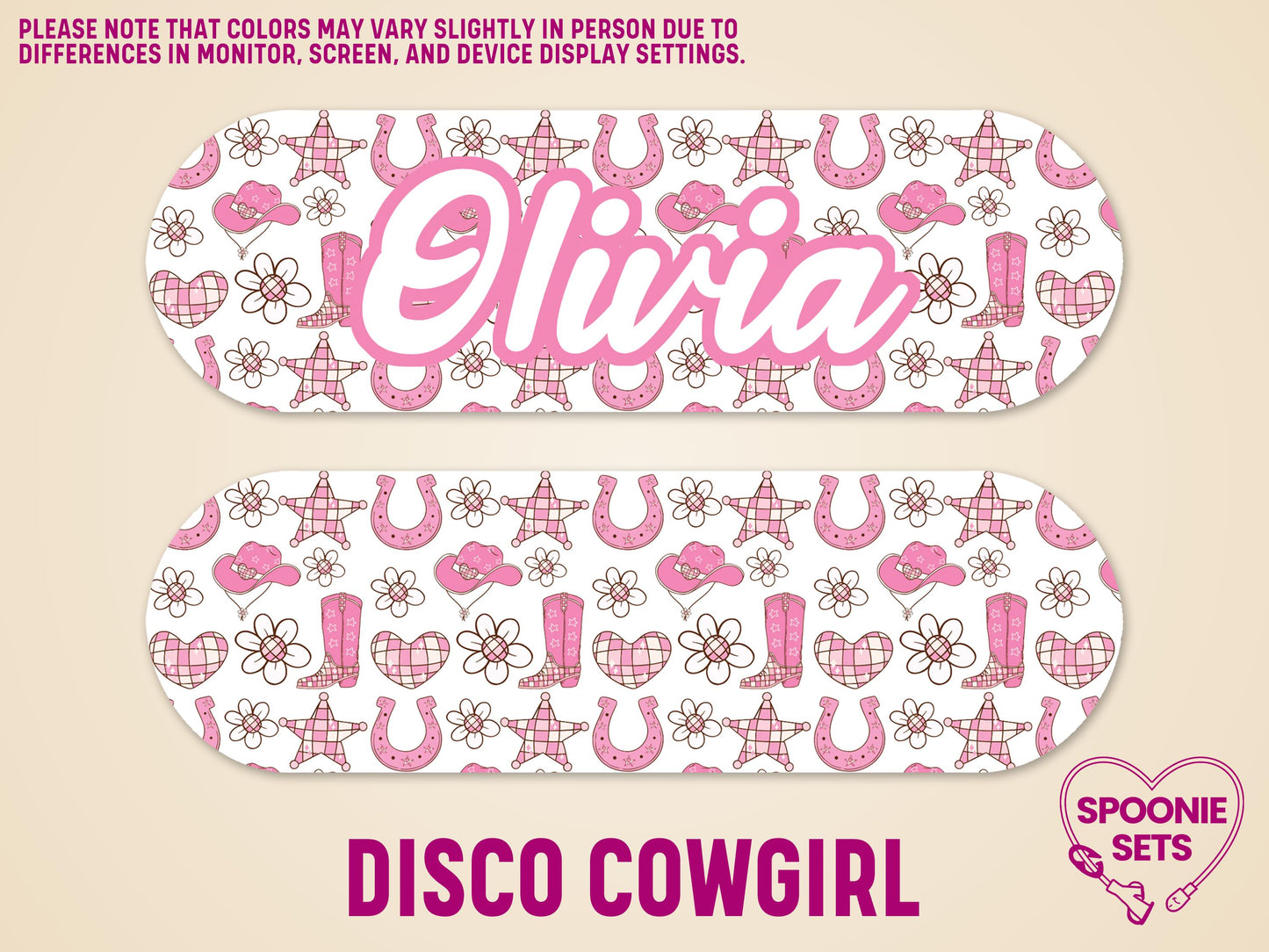 Western cowgirl feeding tube pump sticker with pink horseshoes, boots, hats, and stars, personalized with "Olivia.
