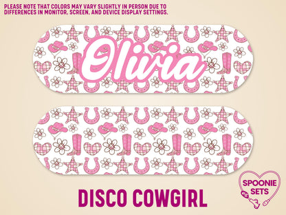 Western cowgirl feeding tube pump sticker with pink horseshoes, boots, hats, and stars, personalized with "Olivia.