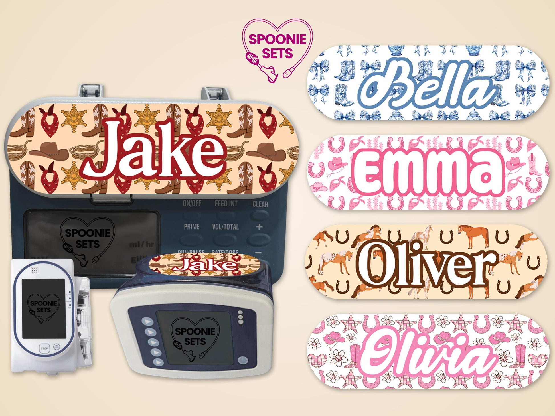 Western-themed feeding tube pump stickers with horses, boots, and cowgirl hats, personalized with names.