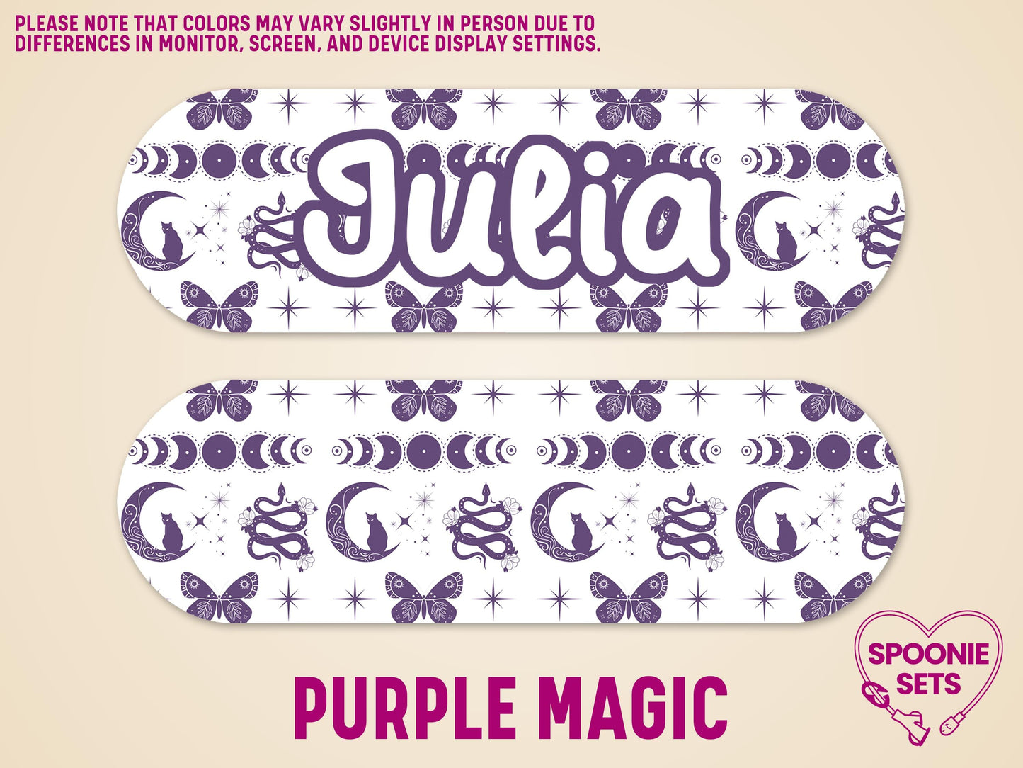Purple "Julia" feeding tube pump sticker with witchy moons, stars, butterflies, and snakes.