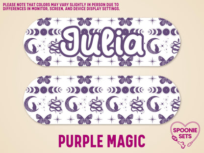 Purple "Julia" feeding tube pump sticker with witchy moons, stars, butterflies, and snakes.
