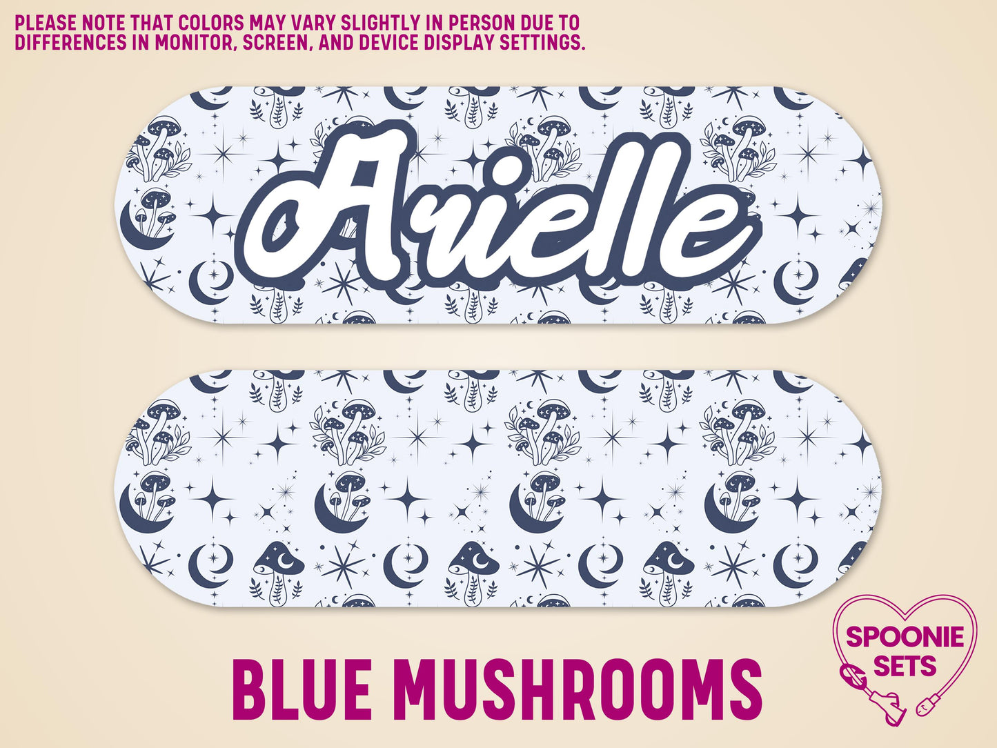 Witchy blue mushroom and moon feeding tube pump sticker with "Arielle" text.
