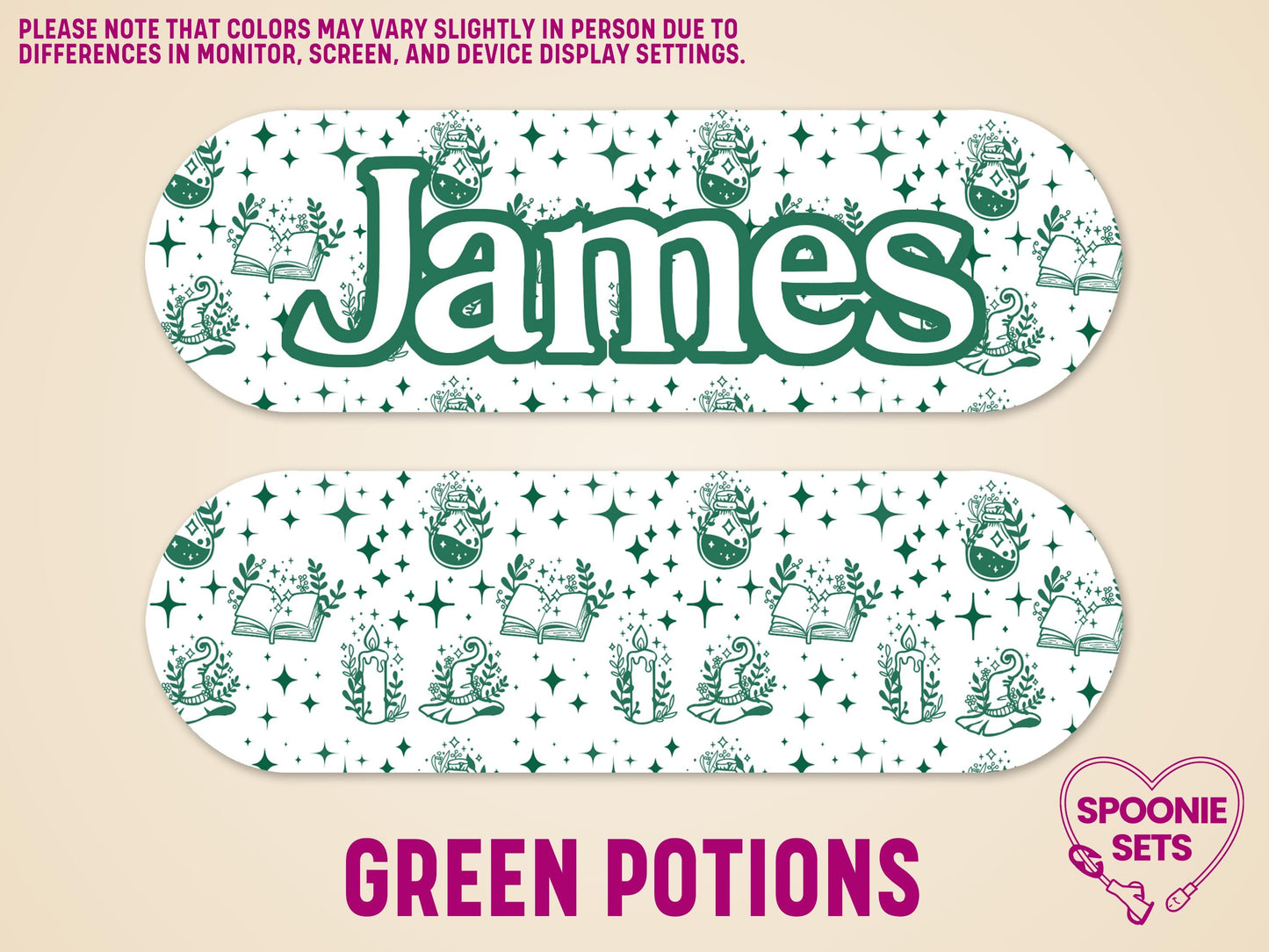 White matte feeding tube pump stickers with green witchy potions, mushrooms, and "James" text.
