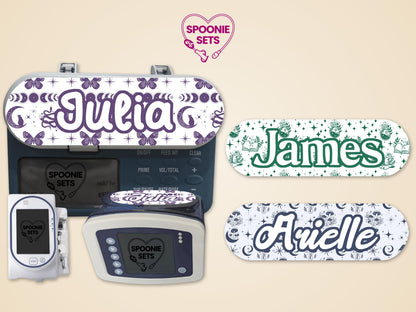 Witchy collection feeding tube pump stickers: "Julia" (purple butterflies), "James" (green magic), "Arielle" (blue mushrooms).