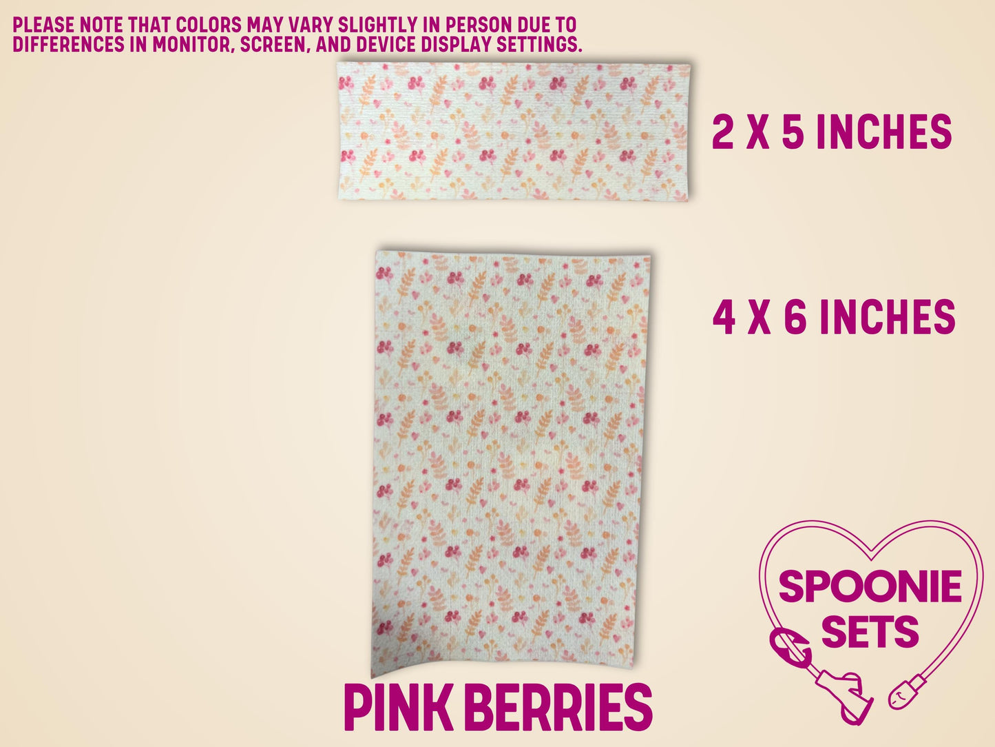 Pink berries floral tubie tape sheets in 2x5 and 4x6 inch sizes, featuring small pink and orange wildflowers.
