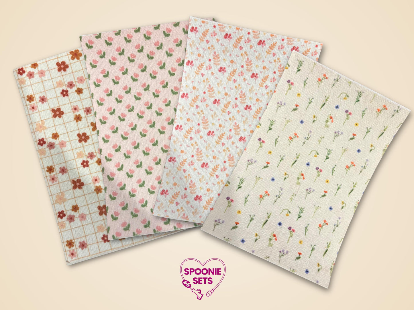 Four sheets of floral tubie tape featuring tulips, daisies, wildflowers, and a grid pattern.
