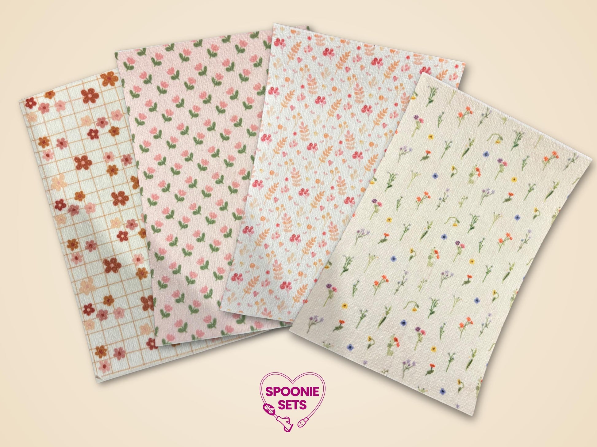 Four sheets of floral tubie tape featuring tulips, daisies, wildflowers, and a grid pattern.