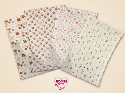 Four sheets of floral tubie tape featuring tulips, daisies, wildflowers, and a grid pattern.