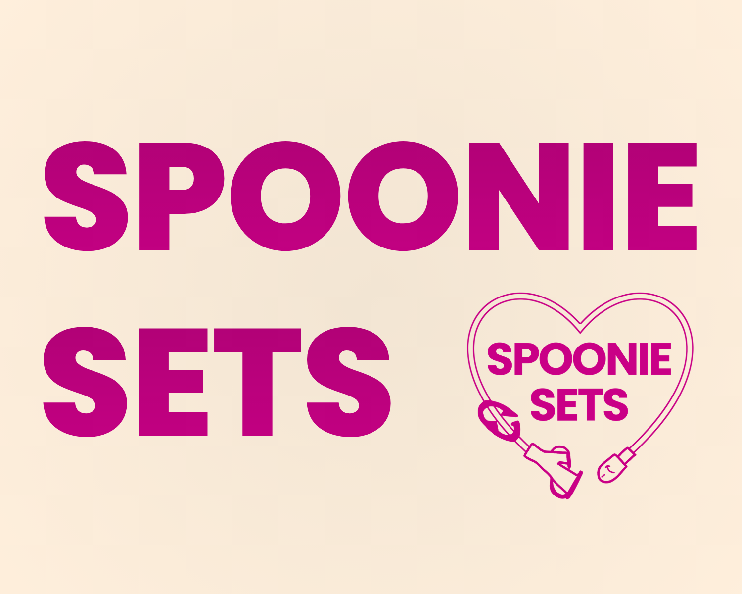 Spoonie Sets logo with pink text and feeding tube heart design on a beige background