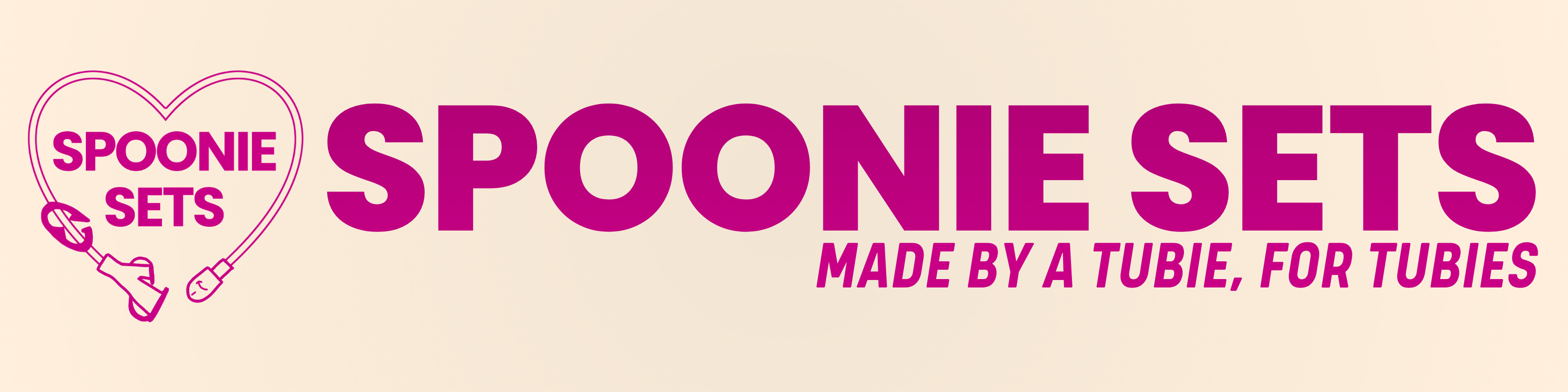 Spoonie Sets logo with pink text 'SPOONIE SETS' and subtext 'MADE BY A TUBIE, FOR TUBIES' on a beige background