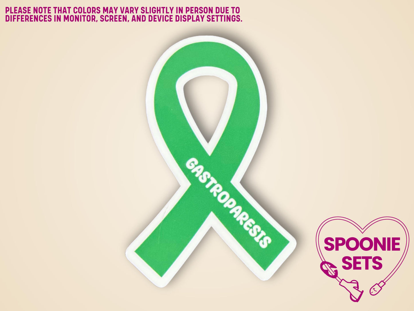 Green awareness ribbon sticker with "Gastroparesis" text, 2"x3", white border, matte or holographic finish.